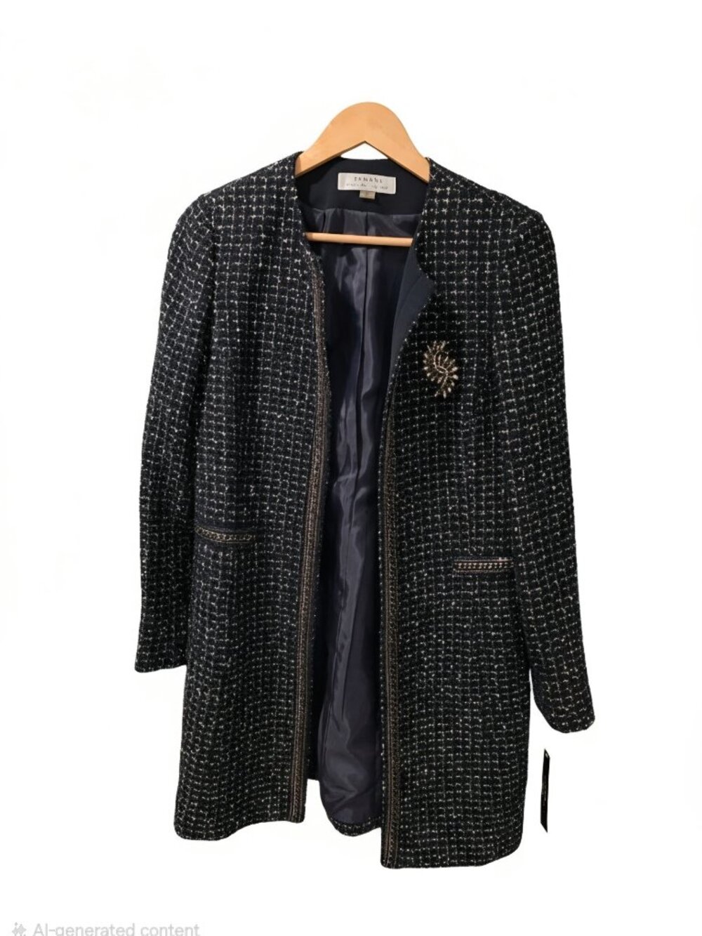 Tahari Arthur Levine Sparkling Navy & Gold 3/4 Coat with Statement Brooch